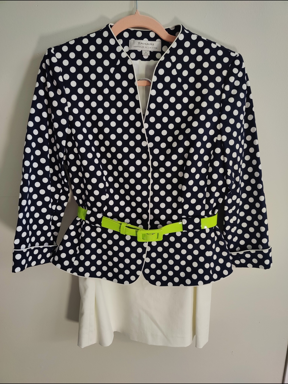 Tahari Navy Polka Dot Jacket And White Suit Set.